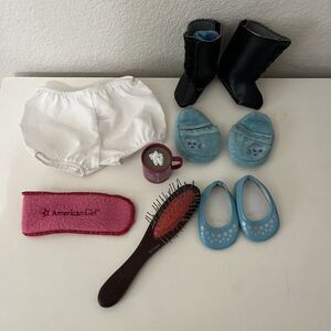 American Girl Doll Lot of Shoes Boots Slippers Accessories Hot Cocoa Mug Brush